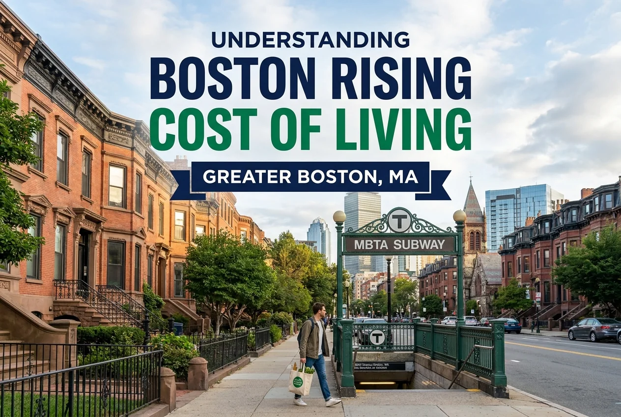 Boston brownstone street and MBTA entrance illustrating the rising cost of living in Boston for owners and condo boards.