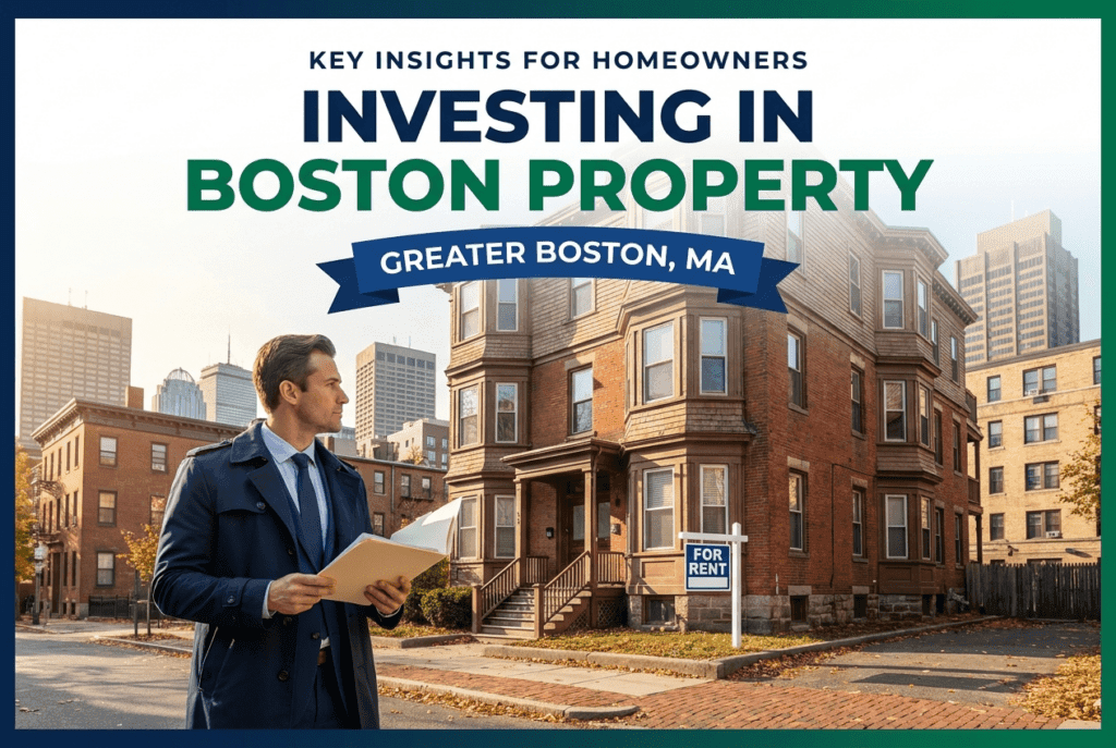 Investor reviewing a folder in front of a Boston triple-decker with a For Rent sign, illustrating investing in Boston property.