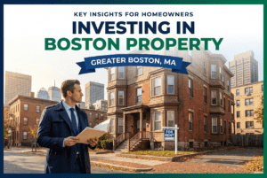Investor reviewing a folder in front of a Boston triple-decker with a For Rent sign, illustrating investing in Boston property.